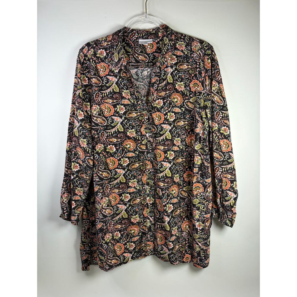 J.Jill Dark Brown Paisley Floral Print Tunic Button Down Long Sleeve Size LP